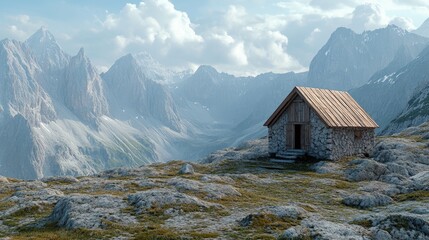 A simple hut in the mountains, with sweeping views of the surrounding peaks, representing a peaceful retreat in nature.