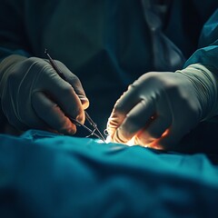 Close-up of a doctor's gloved hands performing surgery on a patient in the operating room