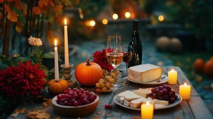 Outdoor autumn table setup with candles and wine. Thanksgivings day decor.  A decorated table for the holiday of thanksgiving
