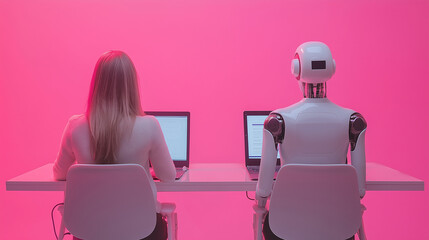 A female employee and  a humanoid AI sit side by side in a chair and work on a laptop. Artificial Intelligence and the concept of people and employment. Pink background