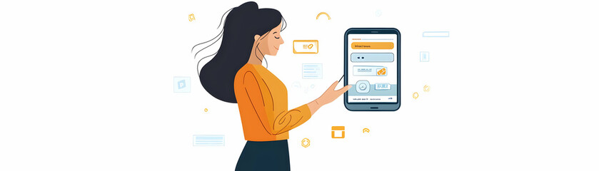 Woman Setting Up Mobile Payment Method concept as A woman setting up a payment method in her mobile banking app with a plain background offering space for text or additional elements. in  Simple flat 