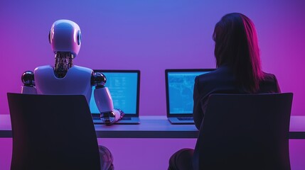 A female employee in an elegant suit and a humanoid AI sit side by side in a chair and work on a laptop. Artificial Intelligence and the concept of people and employment. Purple background