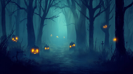 Fototapeta premium A haunting forest path, enveloped in darkness, is lined with trees that hide glowing eyes.
