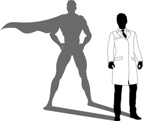 A superhero male scientist, engineer, doctor or teacher in a lab white coat man. Revealed by his shadow silhouette as a super hero in a cape.