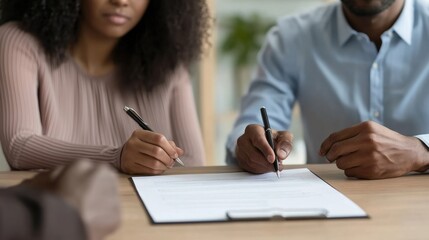 Couple Signing Legal Documents at Office Table. People sign important divorce papers in a lawyer's office
