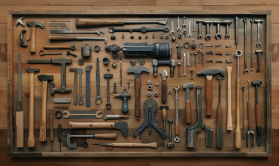 Collection of vintage carpentry tools on an old workbench: woodworking, craftsmanship and handwork concept, flat lay.