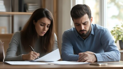 Fototapeta premium Couple Reviewing Important Documents with Concern 