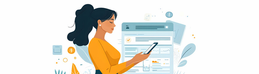 Woman Checking Account Balance concept as A woman checking her account balance using a mobile banking app set against a plain background with ample copy space. in  Simple flat vector illustration of  