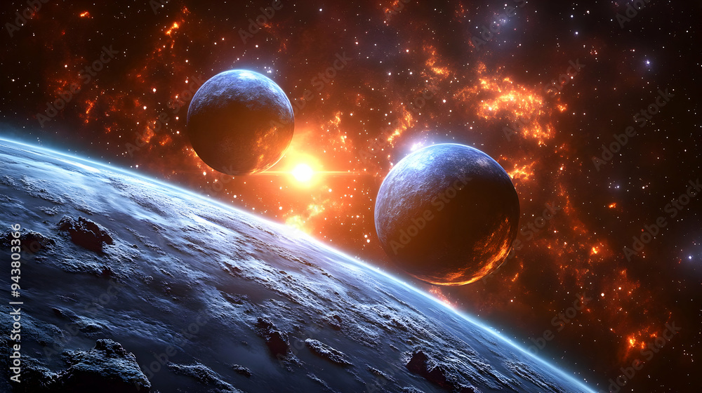 Wall mural a view of an icy planet with a fiery nebula and two other planets in the background.