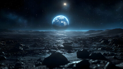 A view of Earth from a distant planet, with a starlit sky and rocky terrain.