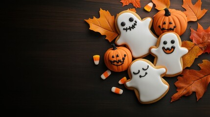 Festive Halloween cookies featuring ghosts and pumpkins, surrounded by autumn leaves and candy on a dark wooden background.