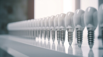 Row of White LED Light Bulbs on a Shiny White Surface in a Minimalist Setting