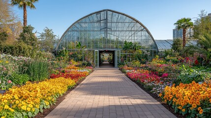 Naklejka premium An expansive greenhouse brimming with plants, framed by tall buildings in the distance, showcasing the intersection of nature and city life