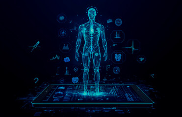 A blue hologram of an AI human figure stands on top of the tablet screen,