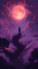 Silhouette of a Person Standing on a Tree Branch with a Giant Red Moon in the Sky.