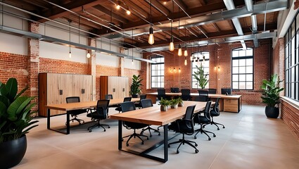 Transform your workspace with this striking industrial modern office design. This office design is perfect for those who appreciate the fusion of modern elegance with industrial grit. 