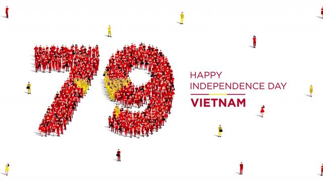 September 2 Happy Independence Day Vietnam Design. A large group of people form to create the number 79 as Vietnam celebrates its 79th Independence Day on the 2nd of September. 4K Video animation.
