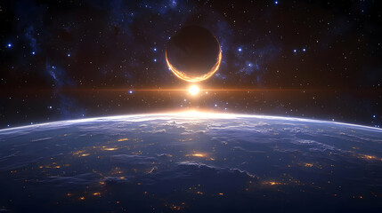 Fototapeta premium A view of Earth from space with a large planet or moon in the sky above.