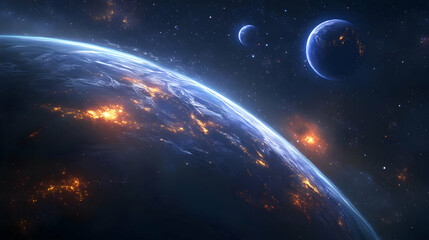 A view of Earth from space with a second planet and many stars in the background.