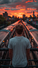 Man Watching Sunset Over Cityscape and Train Tracks - Urban Exploration and Travel Photography