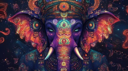 A vibrant and richly detailed Hindu deity artwork, featuring traditional iconography and bold, bright colors