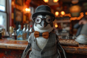 Obraz premium An anthropomorphic penguin wearing a suit and hat with a bow tie looking dapper and stylish