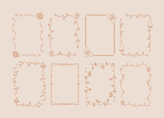 Collection of eight decorative whimsical autumn frames in line art style on a light background. Fall wedding, party, thanksgiving invitation. A4 card size. Vector hand drawn graphic set