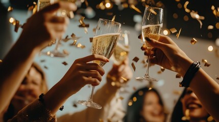 A group of friends cheers with glasses of champagne as confetti falls, celebrating New Year's Eve together joyfully