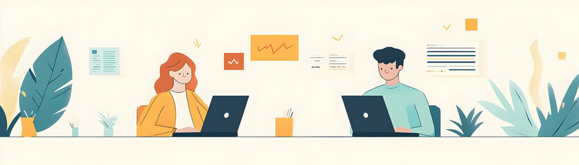 Two Financial Advisors with Laptops and Charts concept as Two financial advisors using laptops with charts set against a clean background offering ample space for text or graphics symbolizing efficien