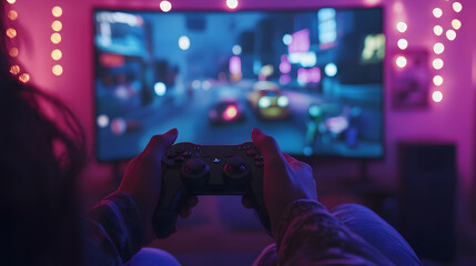 Gamer in dimly lit room intensely focused on new video game release on large curved monitor, surrounded by gaming posters and LED lights, hands on controller in immersive experience