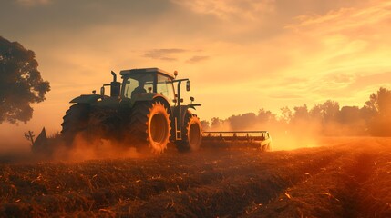 Tractor plowing a field at sunset, casting a warm glow on the landscape.