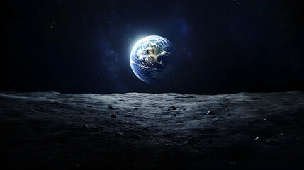 A view of Earth from the moon's surface, with a dark, rocky landscape and a bright blue planet in the sky.