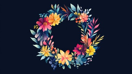 A vibrant floral wreath in a perfect circle, with intricate details of flowers and leaves creating a stunning natural pattern.