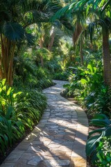 A walkway between tropical plants in a botanical garden.