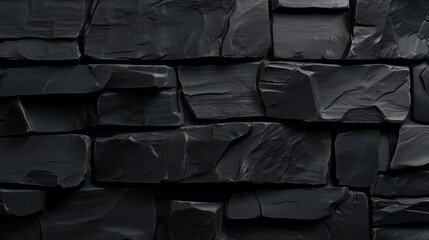 Fototapeta premium Dark, textured black stone wall featuring a rugged surface of rock blocks. The background showcases the intricate details and natural patterns of the stone, creating a strong and dramatic effect with 