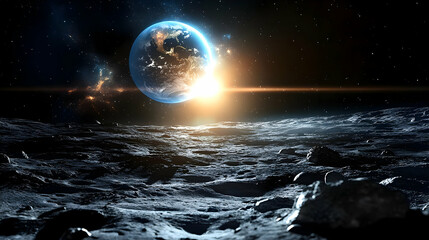 A view of Earth from the surface of the Moon with a rising sun.