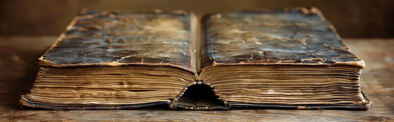 Ancient Weathered Book Open on Rustic Wooden Table with Textured Pages