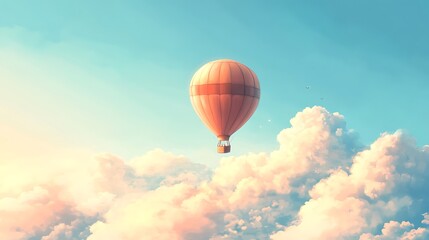 Naklejka premium Whimsical Cartoon Hot Air Balloon Floating Above Fluffy Clouds in Pastel Blue Sky - Digital Painting