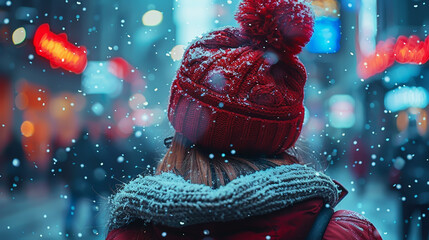 Woman in Red Winter Hat and Scarf Walking in Snowy City Street at Night