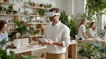 In a contemporary office space, a man wears a VR headset, deeply engaged in a virtual experience, surrounded by focused colleagues working on various tasks