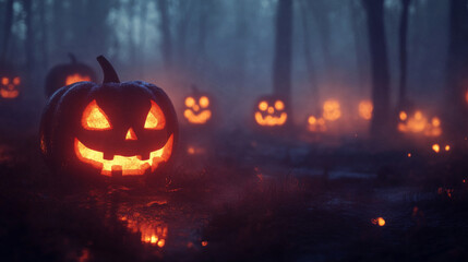 Creepy jack-o'-lanterns with glowing, carved faces illuminate a misty forest filled with dark, menacing trees.