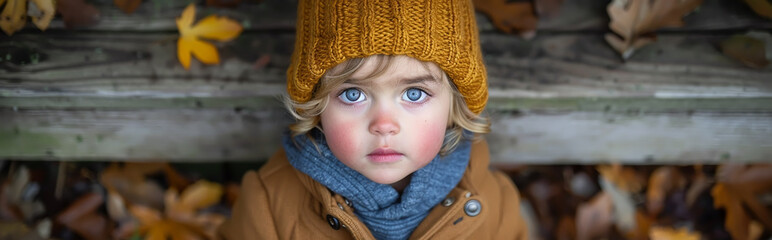 Adorable Child with Blue Eyes in Autumnal Setting Wearing Knitted Hat and Coat
