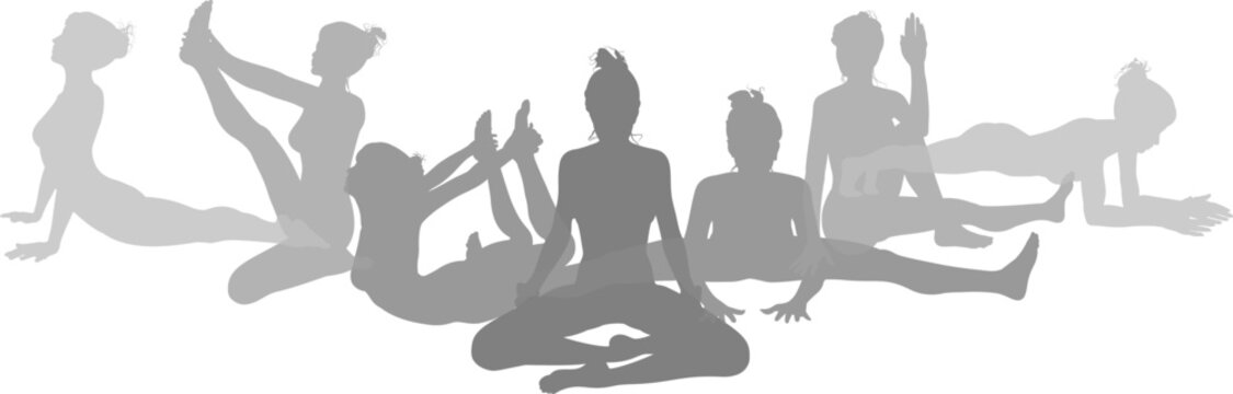 Silhouette yoga pilates women poses set. Active sports people healthy players fitness silhouettes concept.