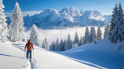 Germany- bavaria- brauneck- man on a ski tour in winter in the mountains