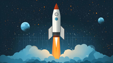 A white rocket ship blasts off into space, leaving a trail of smoke and fire behind it.