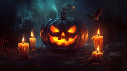 A ghostly jack-o'-lantern with bright, glowing eyes and a wicked smile glows eerily against a dark background.