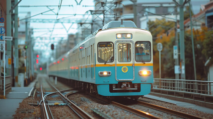 Obraz premium Modern Urban Train on Tracks with Power Lines and Background Buildings at Dusk