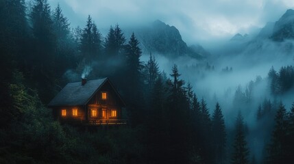 A wooden house glows softly in the evening light, surrounded by forest with foggy mountains providing a majestic backdrop