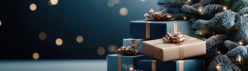 Stack of wrapped gifts under a Christmas tree with blue and gold accents.