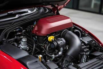 Fototapeta premium Hybrid engine with optimized fuel combustion and electric integration, offering superior efficiency for long commutes, car motor fuel efficiency, hybrid fuel savings